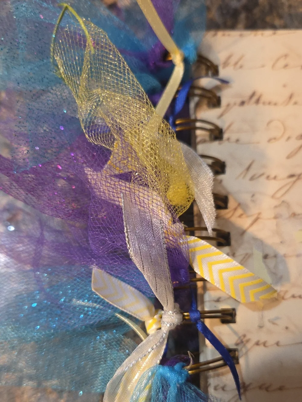 20 Page Spiral Notepad with Blue, Purple & Yellow Tulle Accents